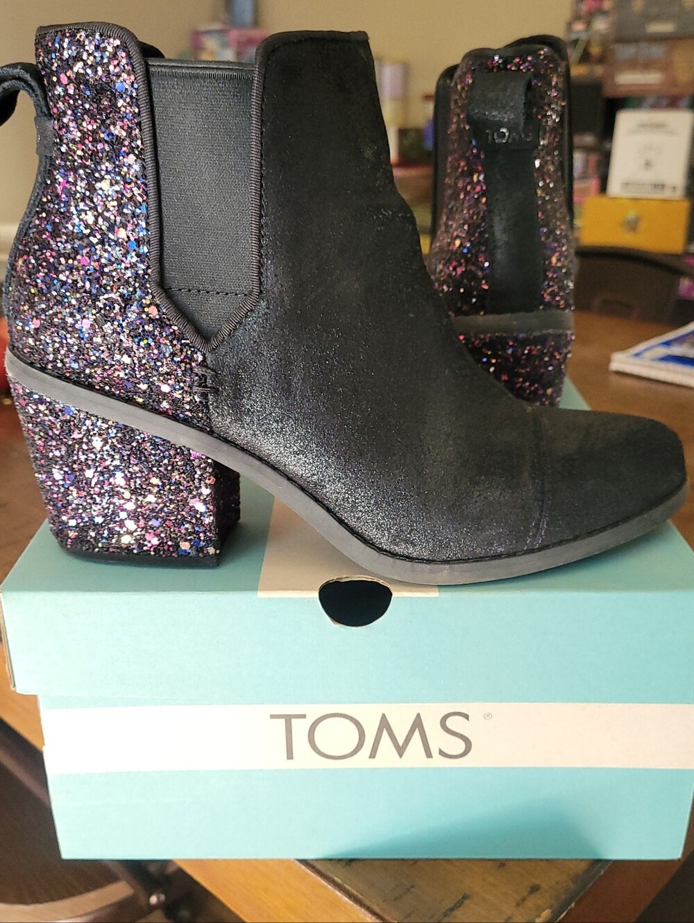 TOMS Black Ankle Boots with Purple Multi-Color Glitter Heel